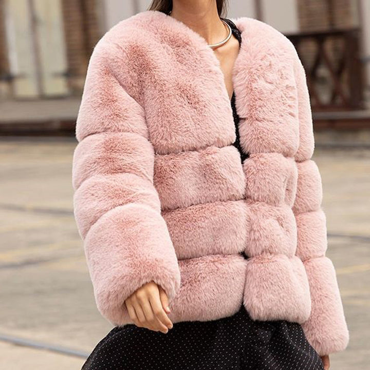 Ladies Fashion Faux Fur Jacket with Voluminous Puffed Sleeves and a Neck Closing Design Lune London