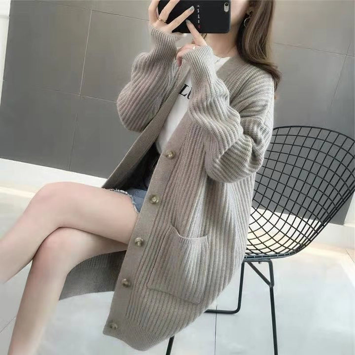 Ladies Chunky Knit Cardigan with Deep V-neck and Chic Button Details