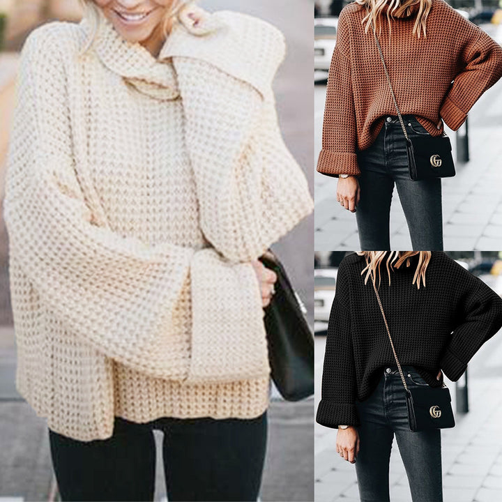 Chunky knit sweater with high collar and voluminous sleeves for ladies Lune London