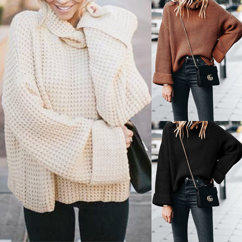 Chunky knit sweater with high collar and voluminous sleeves for ladies Lune London