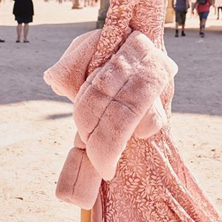 Ladies Fashion Faux Fur Jacket with Voluminous Puffed Sleeves and a Neck Closing Design Lune London