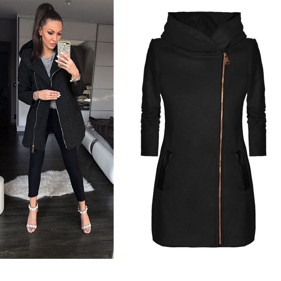 Trendy women's hooded coat with asymmetric zipper and practical pockets Lune London