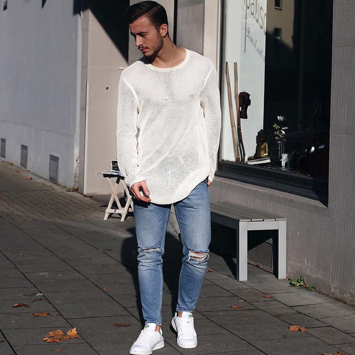 Long knit sweater for men with textured pattern and relaxed fit Lune London