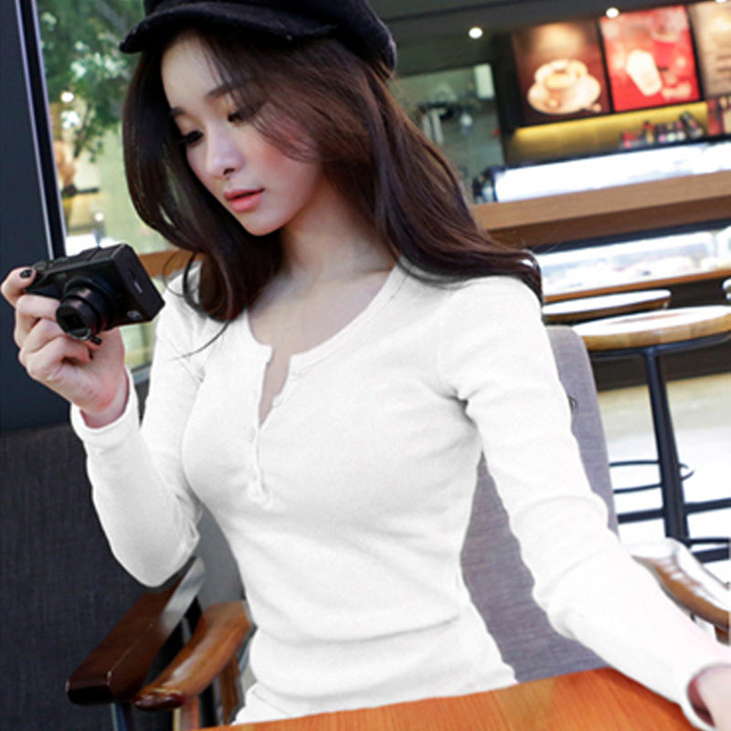 Women's Long Sleeve Top with Button Placket and Fine Rib Structure