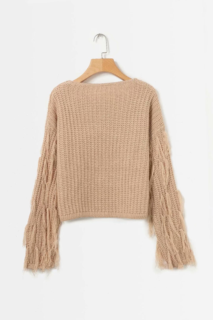 Chunky knit jumper for women with fringe sleeves Lune London
