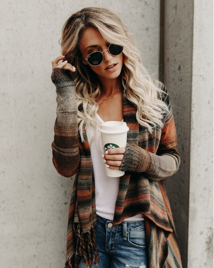 Ladies casual knitted cardigan with fringes and asymmetrical cut Lune London