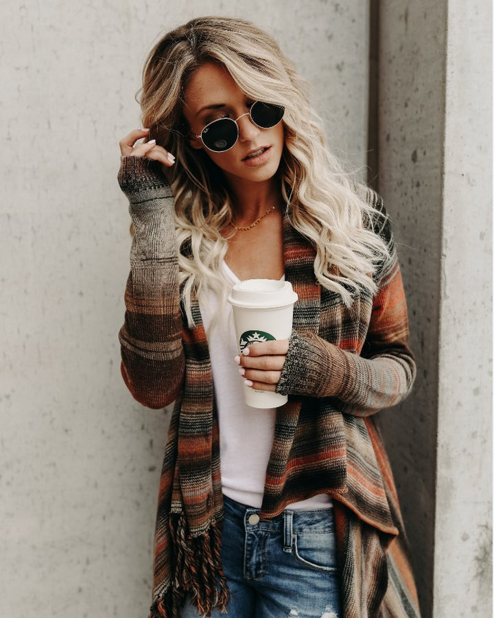 Ladies casual knitted cardigan with fringes and asymmetrical cut Lune London