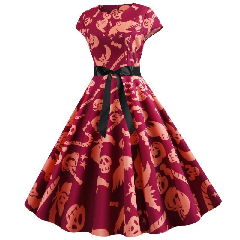 Robe swing rétro pour femme avec motif Halloween unique et ceinture à la taille Chic & Stil