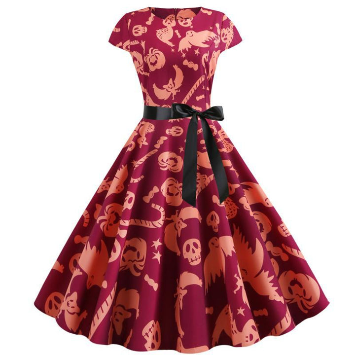 Robe swing rétro pour femme avec motif Halloween unique et ceinture à la taille Chic & Stil
