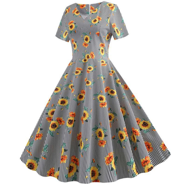 Robe swing rétro pour femmes avec motif floral de tournesols et coupe ajustée Chic & Stil