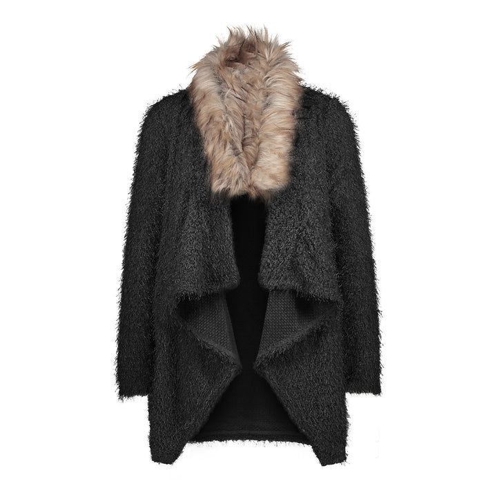 Ladies Long Hug Cardigan with Faux Fur Collar Lune London