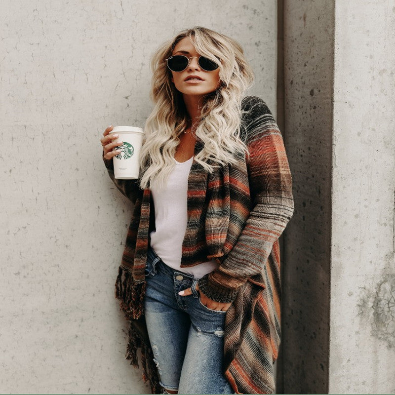 Ladies casual knitted cardigan with fringes and asymmetrical cut Lune London