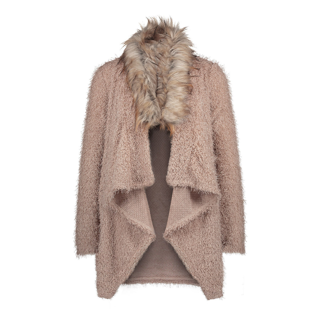 Ladies Long Hug Cardigan with Faux Fur Collar Lune London