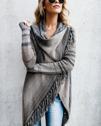 Ladies casual knitted cardigan with fringes and asymmetrical cut Lune London