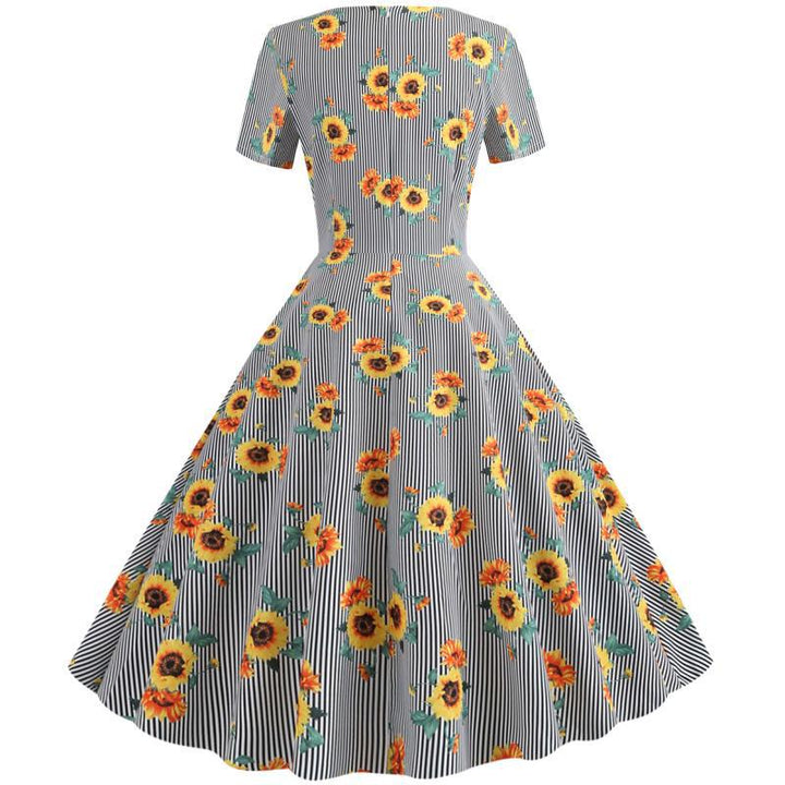 Robe swing rétro pour femmes avec motif floral de tournesols et coupe ajustée Chic & Stil
