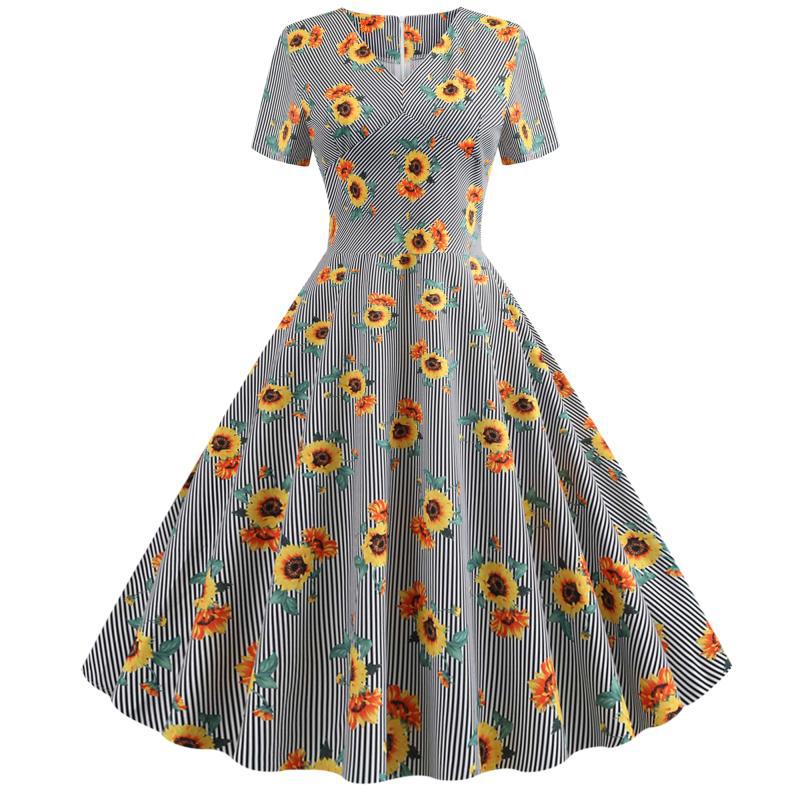 Robe swing rétro pour femmes avec motif floral de tournesols et coupe ajustée Chic & Stil