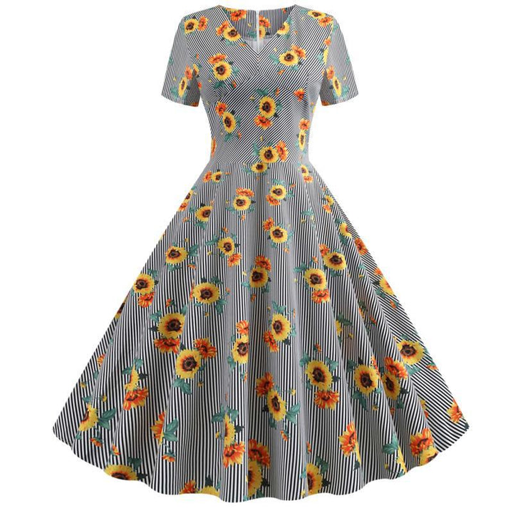 Robe swing rétro pour femmes avec motif floral de tournesols et coupe ajustée Chic & Stil