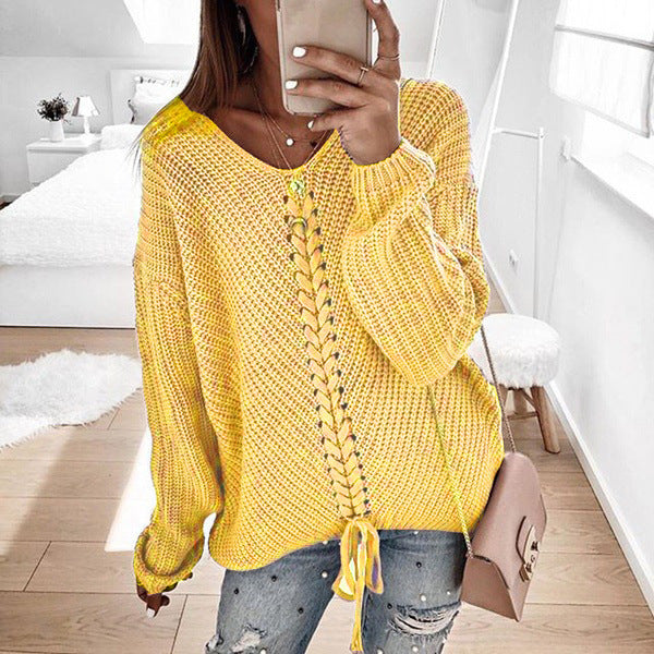 Chunky knit sweater for women with romantic lace-up details and a relaxed fit Lune London