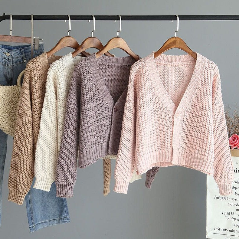 Ladies short cardigan with deep V-neck and special button details Lune London