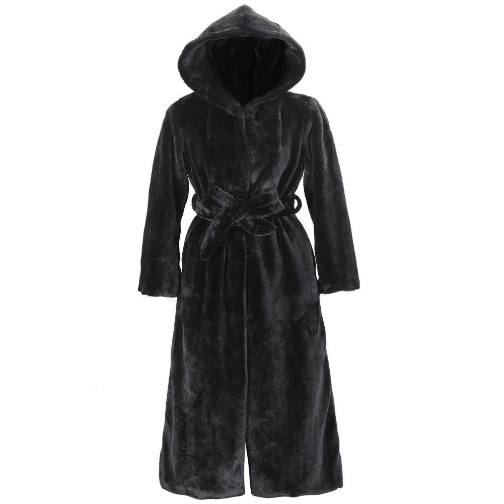 Long hooded coat for women in faux fur with belt Lune London