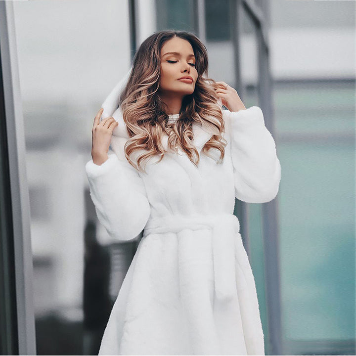 Long hooded coat for women in faux fur with belt Lune London