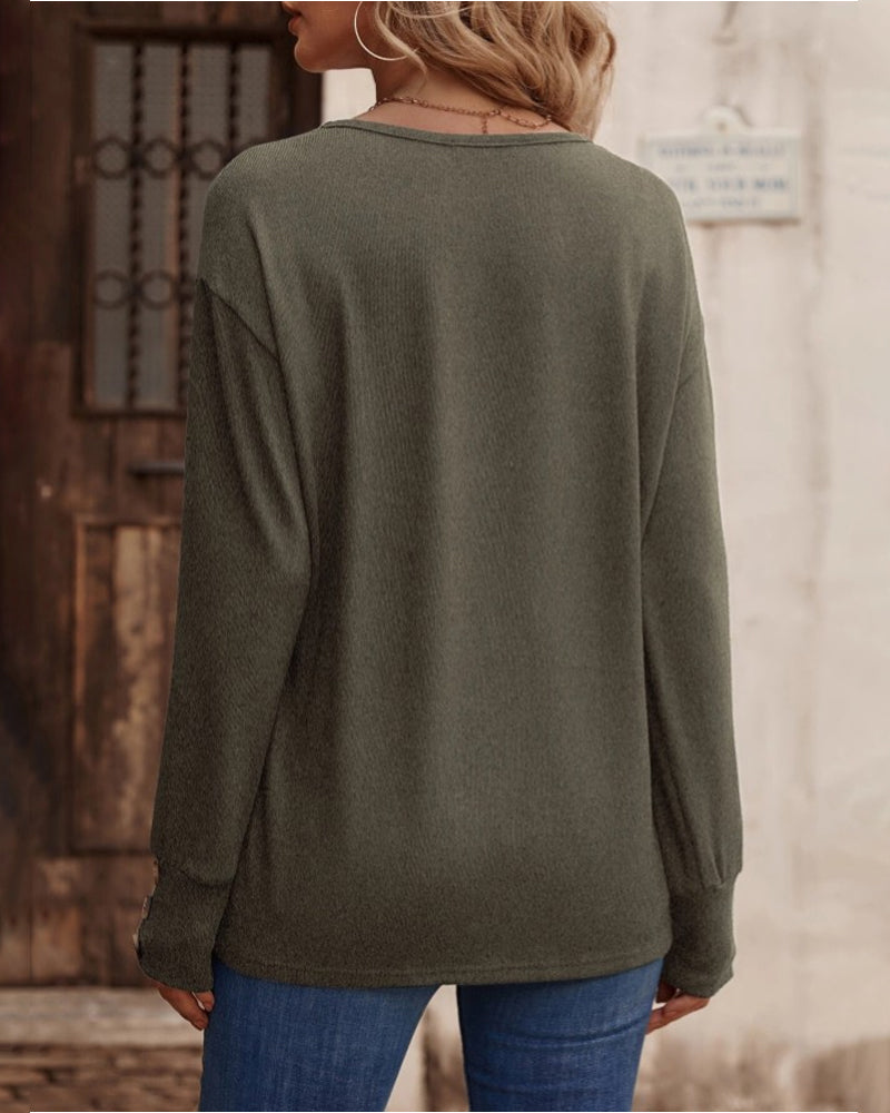 Lune London | Solid Long Sleeve Top with Button and V Neck