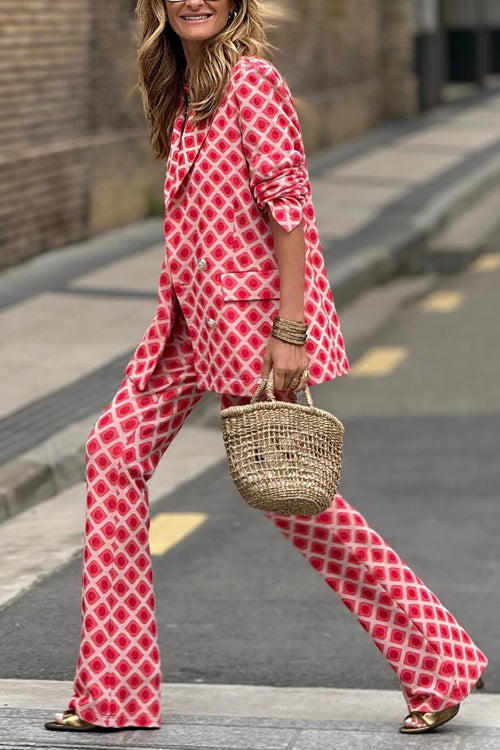 Lune London | Rosiedress Geometric Print Lapel Double Button Blazer and Flare Pants Set