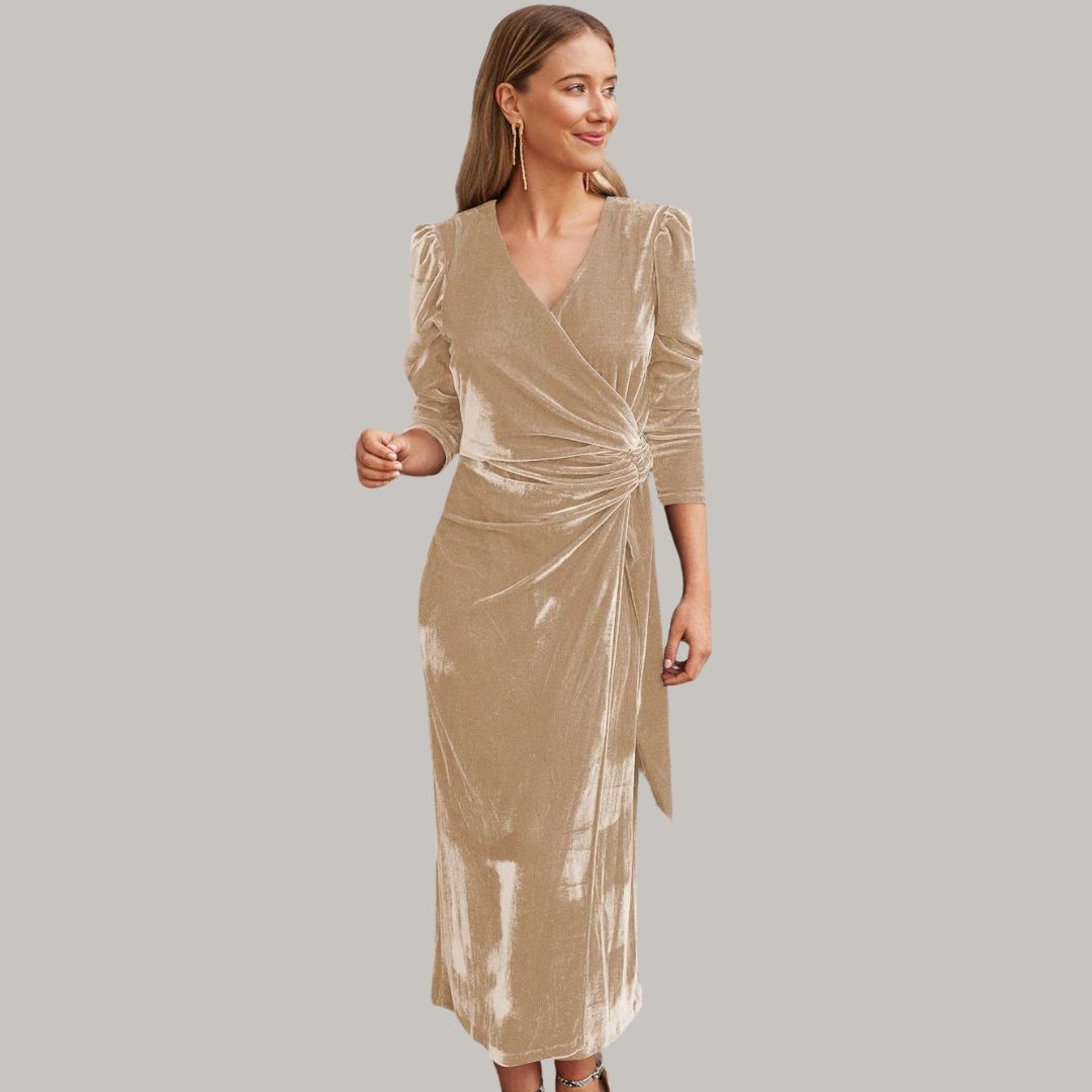Lune London | Midi wrap dress in velvet with puff sleeves