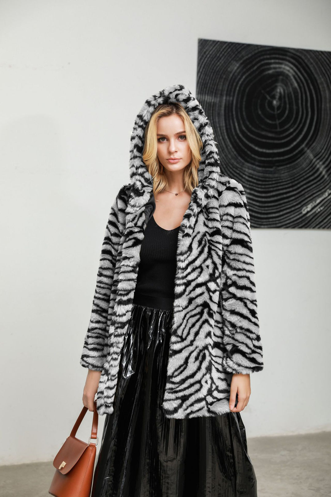 Women's faux fur jacket with tiger stripe pattern Lune London