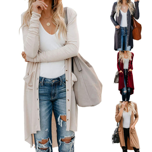 Ladies long sleeve cardigan with button details and side pockets Lune London