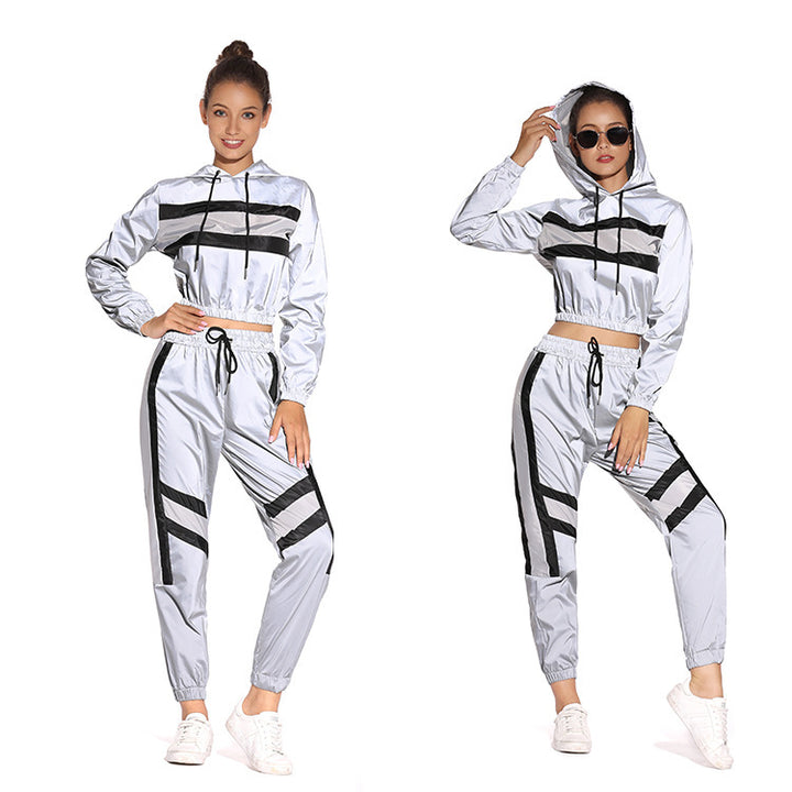 Lady Short Hooded Sweatshirt with Chic Sport Stripe Design