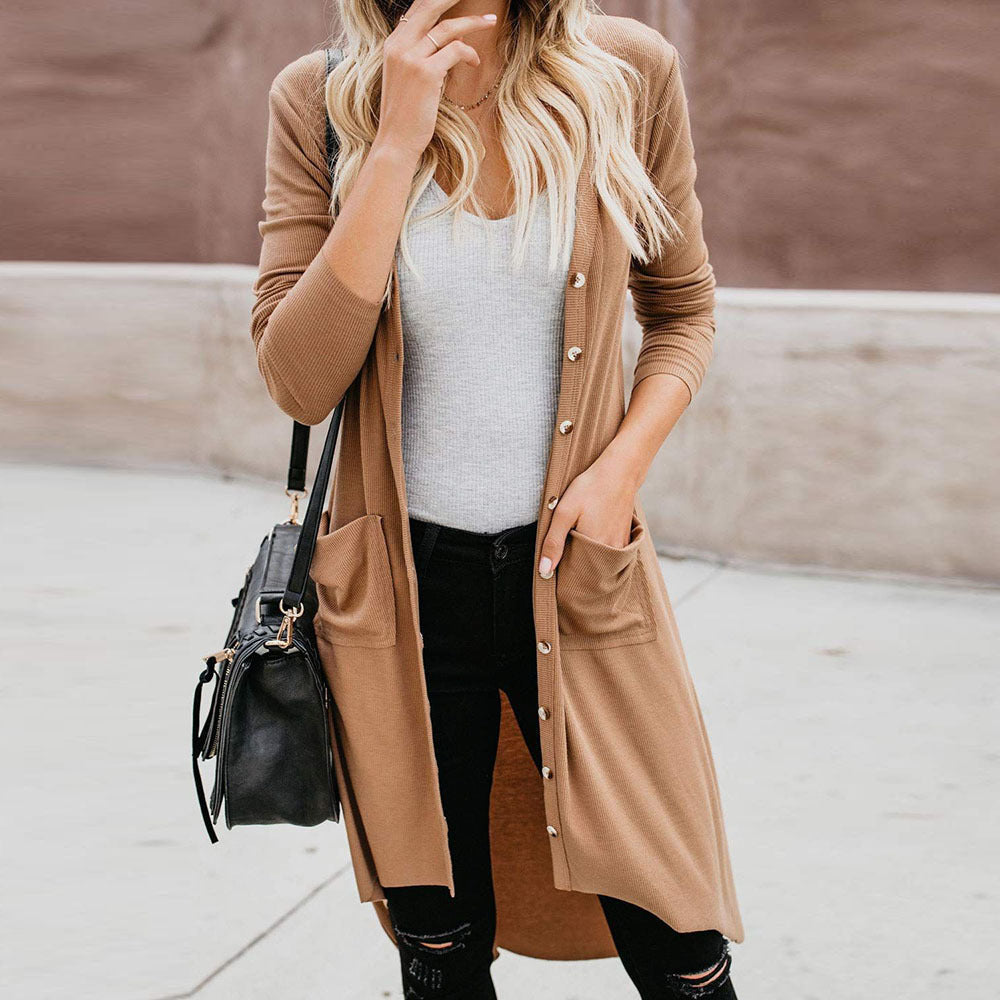 Ladies long sleeve cardigan with button details and side pockets Lune London