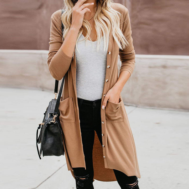 Ladies long sleeve cardigan with button details and side pockets Lune London