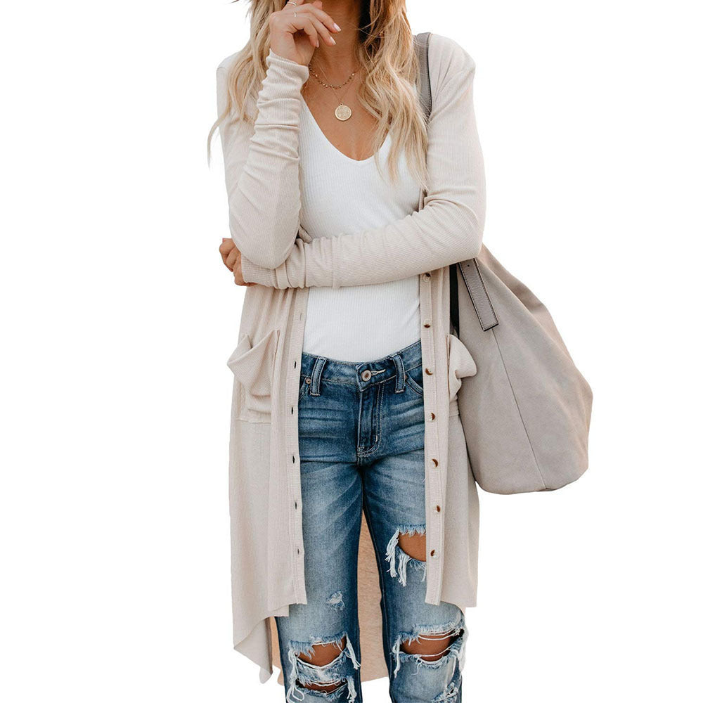 Ladies long sleeve cardigan with button details and side pockets Lune London