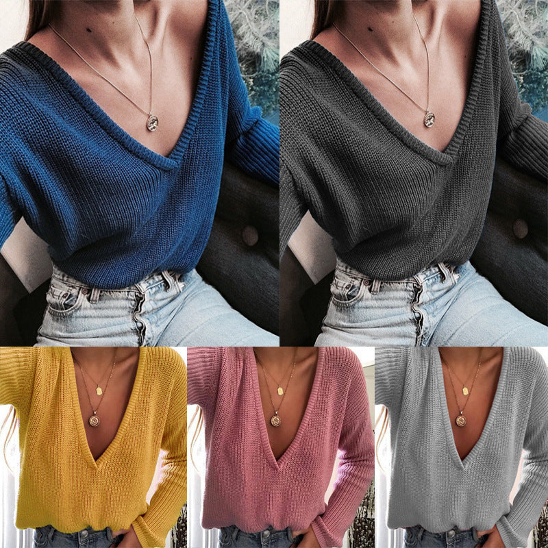 Thick knit sweater for women with a deep V-neck and a relaxed fit Chic and Style