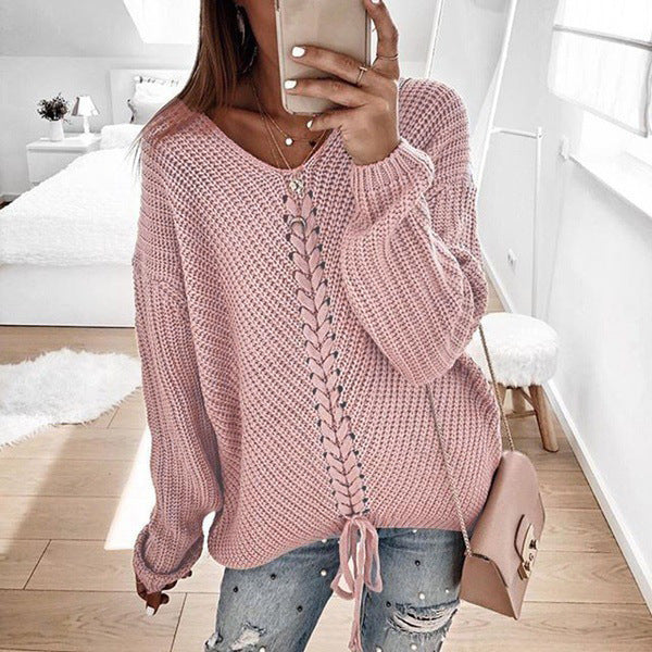 Ladies Large knit sweater with deep V-neck and decorative cord detail Lune London