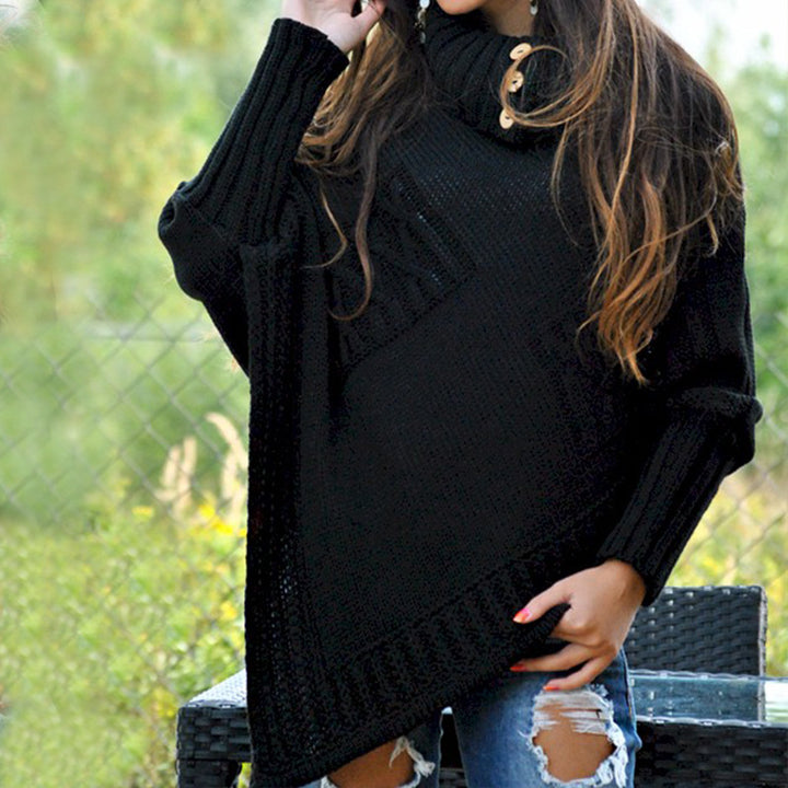 Women's knitted poncho with high collar and button details Lune London