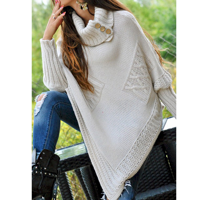 Women's knitted poncho with high collar and button details Lune London