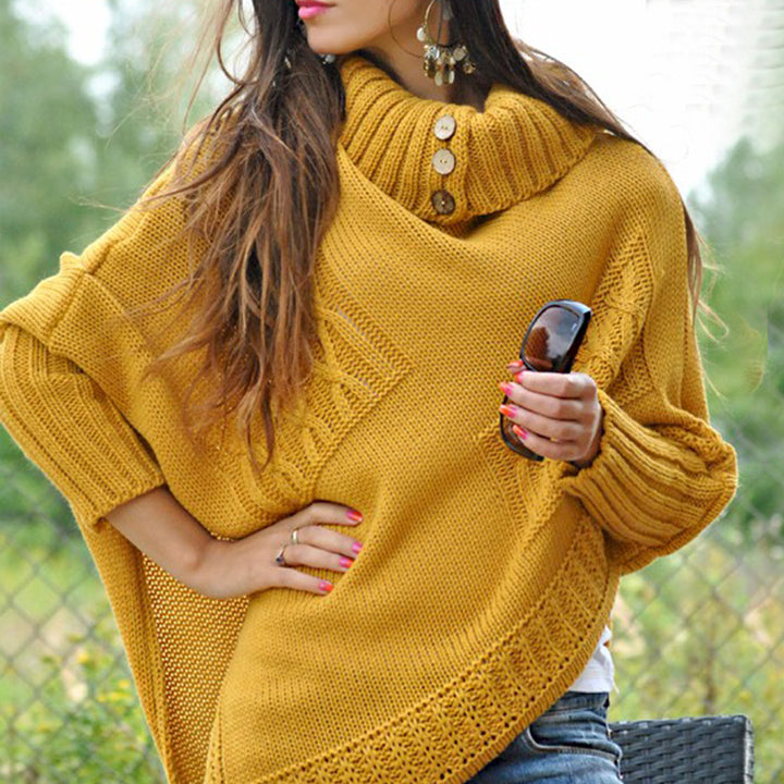 Women's knitted poncho with high collar and button details Lune London