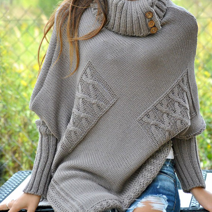 Women's knitted poncho with high collar and button details Lune London