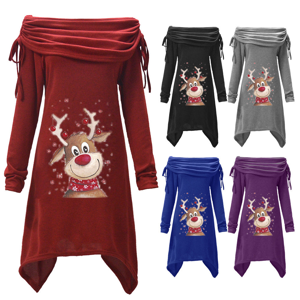 Women's casual dress with off-the-shoulder design and playful reindeer motif