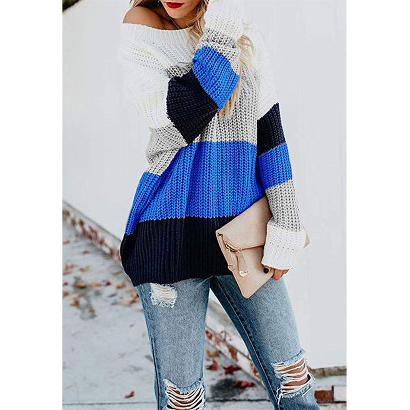 Knitted leisure sweater for women with a modern block stripe pattern and a round neckline Lune London