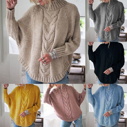 Thick knitted sweater for women with a high collar and decorative braided pattern Lune London