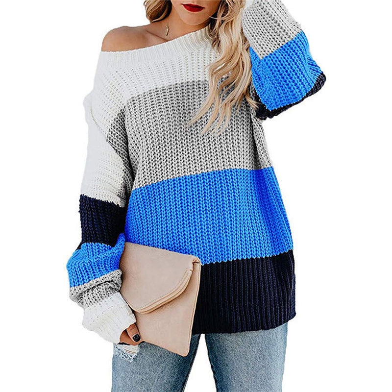 Knitted leisure sweater for women with a modern block stripe pattern and a round neckline Lune London