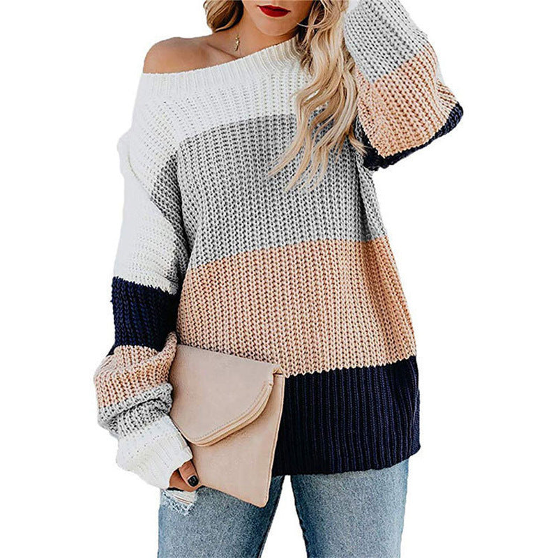 Knitted leisure sweater for women with a modern block stripe pattern and a round neckline Lune London