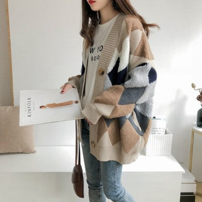 Cardigan en tricot épais pour femmes avec motif en losange décoratif et coupe confortable Chic & Stil