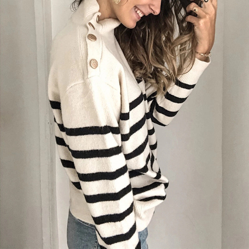 Comfortable sweater for women with modern high collar and decorative buttons Lune London