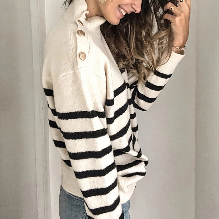 Comfortable sweater for women with modern high collar and decorative buttons Lune London