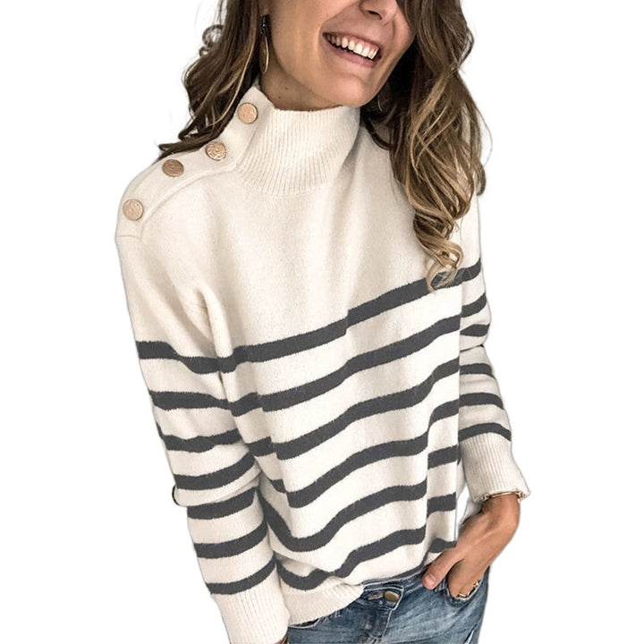 Comfortable sweater for women with modern high collar and decorative buttons Lune London