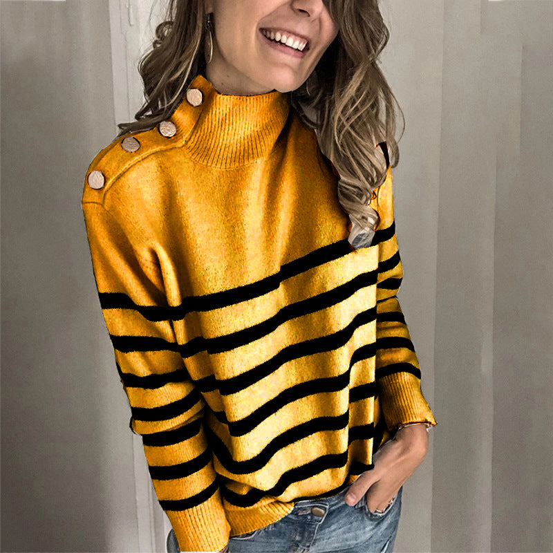 Comfortable sweater for women with modern high collar and decorative buttons Lune London